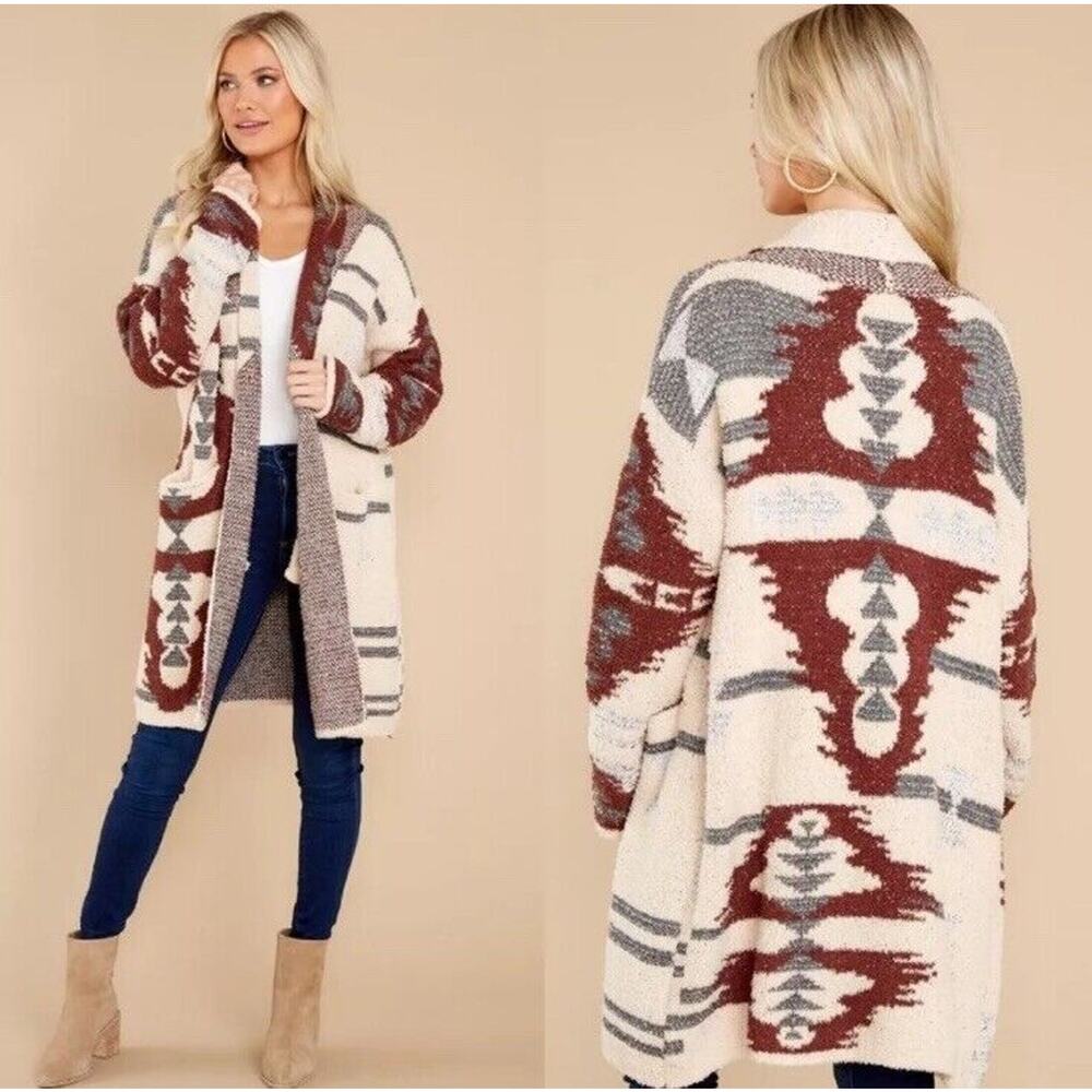 Davi & Dani Sweater Cardigan Women Small Aztec Western Fuzzy Unicorn Tribe Teddy